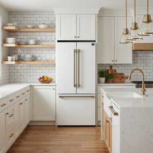 FORNO Appliance Package - 30" French Door Gas Range, Range Hood, 30" French Door Refrigerator with Ice Maker, Dishwasher, 24" Microwave Drawer in White with Antique Brass Accents, AP-FFSGS6460-30WHT-D