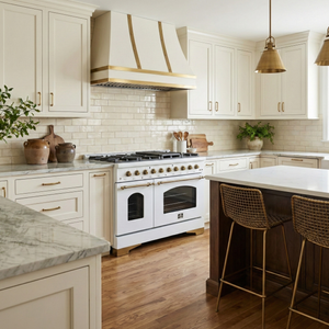 FORNO Antico 48" 5.5 cu. ft. Dual Fuel Range with 8 Sealed Burners and Griddle in White with Antique Brass Accents, FFSGS6113-48WHT