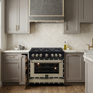 FORNO Ambassador Valente 36" 5.2 cu. ft. Dual Fuel Range, 6 Sealed Burners, Convection Oven in Black with Antique Brass Accents and Copper Rivet Trim, FFSGS6199-36CPBLK