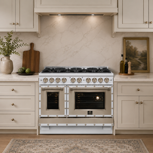 FORNO Ambassador Valente 48" 6.7 cu. ft. Dual Fuel Range, 8 Sealed Burners, Convection Oven in White with Antique Brass Accents and Copper Rivet Trim, FFSGS6199-48CPWHT