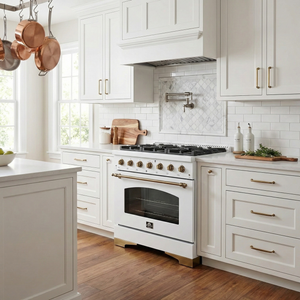 FORNO Antico 36" 4.5 cu. ft. Gas Range with 6 Sealed Burners in White with Antique Brass Accents, FFSGS6219-36WHT