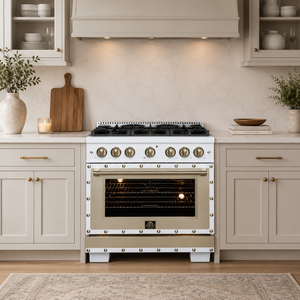 FORNO Ambassador Valente 36" 5.2 cu. ft. Gas Range, 6 Sealed Burners, Convection Oven in White with Antique Brass Accents and Copper Rivet Trim, FFSGS6299-36CPWHT