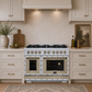 FORNO Ambassador Valente 48" 6.7 cu. ft. Gas Range, 8 Sealed Burners, Convection Oven in White with Antique Brass Accents and Copper Rivet Trim, FFSGS6299-48CPWHT