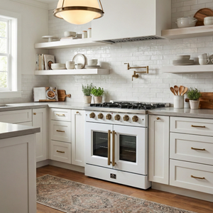 FORNO Galiano Package - 30" French Door Gas Range, Range Hood, 36" Refrigerator with Ice Maker, Dishwasher, 24" Microwave Drawer in White with Antique Brass Accents, AP-FFSGS6444-30WHT-C
