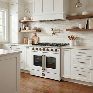 FORNO Galiano Package - 36" French Door Gas Range, Range Hood, 46.8" Refrigerator with Bottom Freezer and Ice Maker, Dishwasher, 24" Microwave Drawer in White with Antique Brass Accents, AP-FFSGS6444-36WHT-D