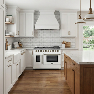 FORNO Galiano Package - 48" French Door Gas Range, Range Hood, 46.8" Refrigerator with Bottom Freezer and Ice Maker, Dishwasher, 24" Microwave Drawer in White with Antique Brass Accents, AP-FFSGS6444-48WHT-D