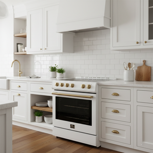 FORNO Espresso Leonardo 30" 5 cu. ft. Induction Range with Knob Control in White and Antique Brass Accents, FFSIN0982-30WHT