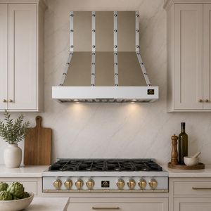 FORNO Ambassador Valente 36" 427 CFM Wall Mount Range Hood with 3 Speeds, LED Light in Fingerprint Resistant White, Antique Brass and Copper Rivet Trim, FRHWM5099-36CPWHT