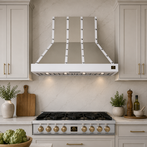 FORNO Ambassador Valente 48" 304 CFM Wall Mount Range Hood with 3 Speeds, LED Light in Fingerprint Resistant White, Antique Brass and Copper Rivet Trim, FRHWM5099-48CPWHT
