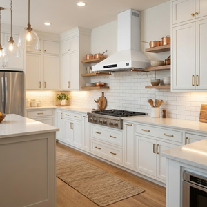 FORNO Venezia 36" 370 CFM Wall Mount Ducted Range Hood with Touch Controls and LED Lights in White with Antique Brass Accents, FRHWM5503-36WHT