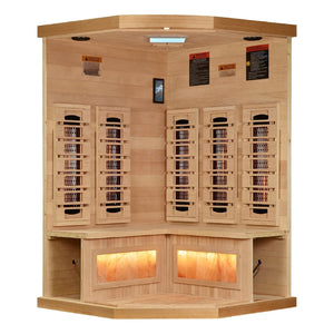 Golden Designs Corner Full Spectrum PureTech™ Near Zero EMF Indoor Infrared Sauna with Himalayan Salt Bar in Canadian Hemlock (3-Person Capacity)