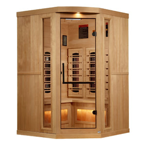 Golden Designs Corner Full Spectrum PureTech™ Near Zero EMF Indoor Infrared Sauna with Himalayan Salt Bar in Canadian Hemlock (3-Person Capacity)