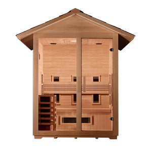 Golden Designs Carinthia Hybrid (PureTech™ Full Spectrum IR or Traditional Stove) Outdoor Sauna in Canadian Hemlock (3-Person Capacity)