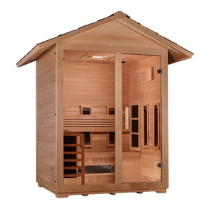 Golden Designs Carinthia Hybrid (PureTech™ Full Spectrum IR or Traditional Stove) Outdoor Sauna in Canadian Hemlock (3-Person Capacity)