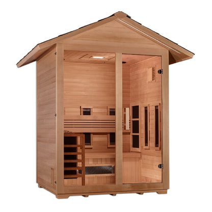 Golden Designs Carinthia Hybrid (PureTech™ Full Spectrum IR or Traditional Stove) Outdoor Sauna in Canadian Hemlock (3-Person Capacity)