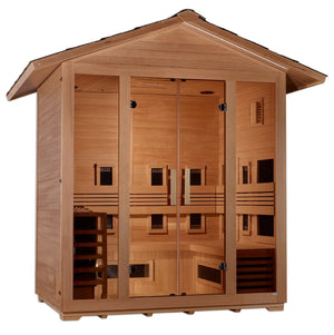 Golden Designs Gargellen Hybrid (PureTech™ Full Spectrum IR or Traditional Stove) Outdoor Sauna in Canadian Hemlock (5-Person Capacity)