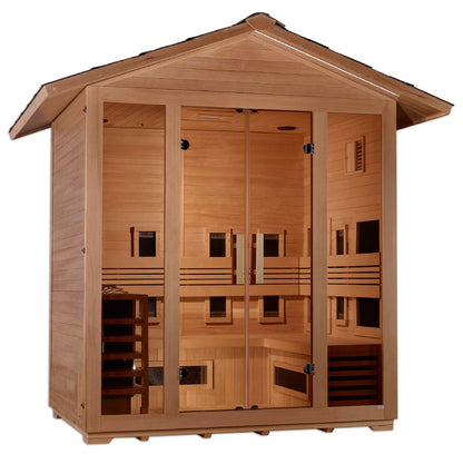 Golden Designs Gargellen Hybrid (PureTech™ Full Spectrum IR or Traditional Stove) Outdoor Sauna in Canadian Hemlock (5-Person Capacity)