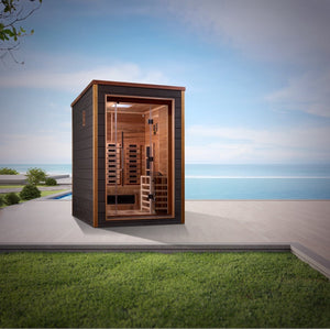Golden Designs Nora Hybrid (PureTech™ Full Spectrum IR or Traditional Stove) Outdoor Sauna with Canadian Red Cedar Interior (2-Person Capacity)