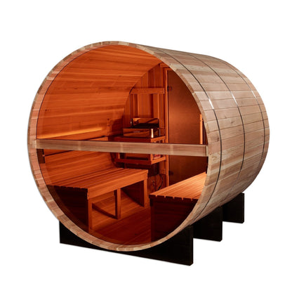 Golden Designs Zurich Outdoor Barrel Traditional Sauna with Bronze Privacy View and Pacific Premium Cedar Wood Construction (4-Person Capacity)
