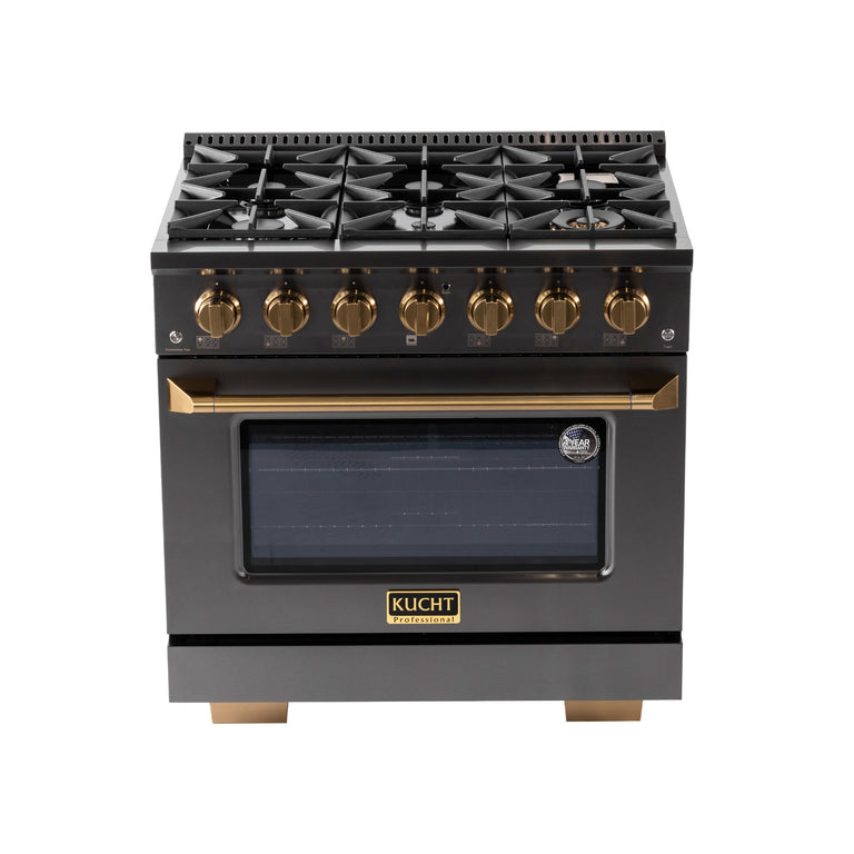Kucht Gemstone Professional 36" 5.2 cu. ft. Natural Gas Range in Titanium Stainless Steel with Gold Accents, KEG363