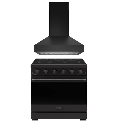 Gordon Ramsay by THOR Kitchen Package - 36" Electric Range, 36" Range Hood in Black Matte, AP-RSE36PB-3
