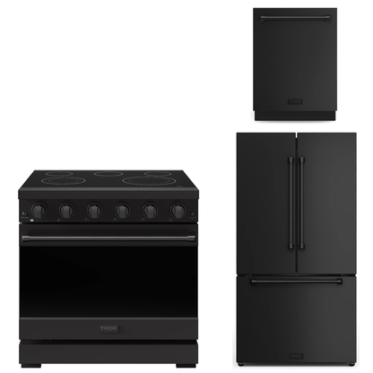 Gordon Ramsay by THOR Kitchen Package - 36" Electric Range, 36" Refrigerator with Ice Maker, Dishwasher in Black Matte, AP-RSE36PB-4