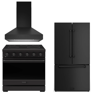 Gordon Ramsay by THOR Kitchen Package - 36" Electric Range, 36" Range Hood, 36" Refrigerator with Ice Maker in Black Matte, AP-RSE36PB-5