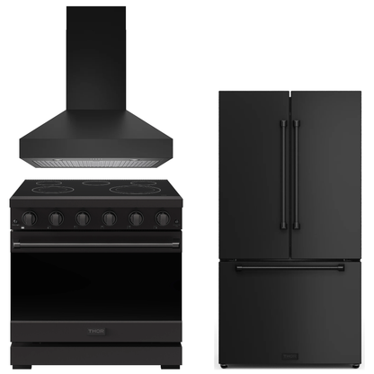 Gordon Ramsay by THOR Kitchen Package - 36" Electric Range, 36" Range Hood, 36" Refrigerator with Ice Maker in Black Matte, AP-RSE36PB-5