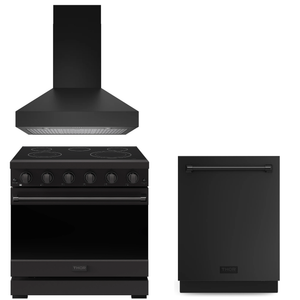 Gordon Ramsay by THOR Kitchen Package - 36" Electric Range, 36" Range Hood, Dishwasher in Black Matte, AP-RSE36PB-6