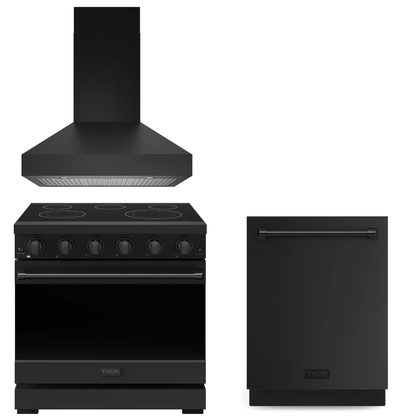 Gordon Ramsay by THOR Kitchen Package - 36" Electric Range, 36" Range Hood, Dishwasher in Black Matte, AP-RSE36PB-6