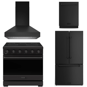 Gordon Ramsay by THOR Kitchen Package - 36" Electric Range, 36" Range Hood, 36" Refrigerator with Ice Maker, Dishwasher in Black Matte, AP-RSE36PB-7