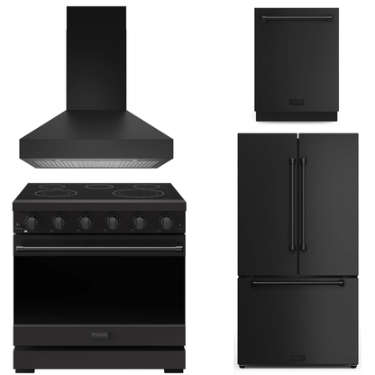 Gordon Ramsay by THOR Kitchen Package - 36" Electric Range, 36" Range Hood, 36" Refrigerator with Ice Maker, Dishwasher in Black Matte, AP-RSE36PB-7