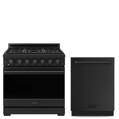 Gordon Ramsay by THOR Kitchen Package - 36" Gas Range, 24" Dishwasher in Black Matte, AP-RSG36PB-2