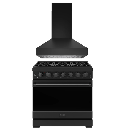 Gordon Ramsay by THOR Kitchen Package - 36" Gas Range, 36" Range Hood in Black Matte, AP-RSG36PB-3