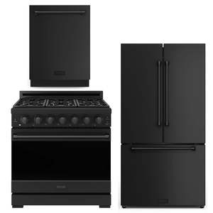 Gordon Ramsay by THOR Kitchen Package - 36" Gas Range, 36" Refrigerator with Ice Maker, Dishwasher in Black Matte, AP-RSG36PB-4