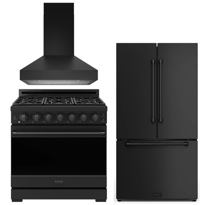 Gordon Ramsay by THOR Kitchen Package - 36" Gas Range, 36" Range Hood, 36" Refrigerator with Ice Maker in Black Matte, AP-RSG36PB-5