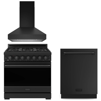 Gordon Ramsay by THOR Kitchen Package - 36" Gas Range, 36" Range Hood, Dishwasher in Black Matte, AP-RSG36PB-6