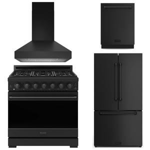 Gordon Ramsay by THOR Kitchen Package - 36" Gas Range, 36" Range Hood, 36" Refrigerator with Ice Maker, Dishwasher in Black Matte, AP-RSG36PB-7