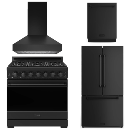 Gordon Ramsay by THOR Kitchen Package - 36" Gas Range, 36" Range Hood, 36" Refrigerator with Ice Maker, Dishwasher in Black Matte, AP-RSG36PB-7