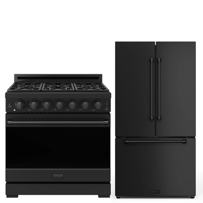 Gordon Ramsay by THOR Kitchen Package - 36" Gas Range, 36" Refrigerator with Ice Maker in Black Matte, AP-RSG36PB