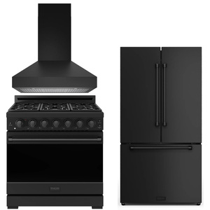 Gordon Ramsay by THOR Kitchen Package - 36" Propane Gas Range, 36" Range Hood, 36" Refrigerator with Ice Maker in Black Matte, AP-RSG36PBLP-5