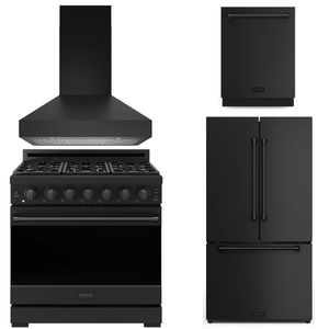Gordon Ramsay by THOR Kitchen Package - 36" Propane Gas Range, 36" Range Hood, 36" Refrigerator with Ice Maker, Dishwasher in Black Matte, AP-RSG36PBLP-7