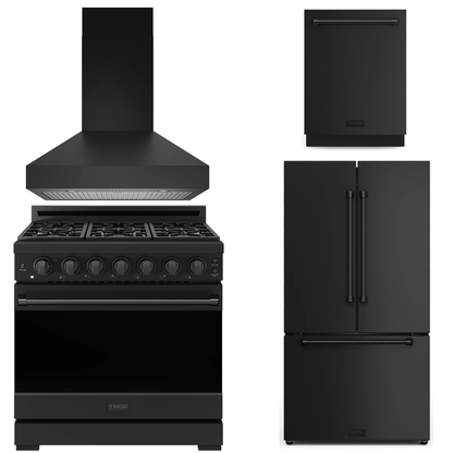 Gordon Ramsay by THOR Kitchen Package - 36" Propane Gas Range, 36" Range Hood, 36" Refrigerator with Ice Maker, Dishwasher in Black Matte, AP-RSG36PBLP-7