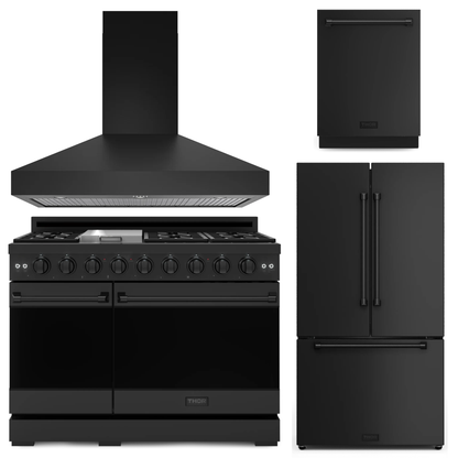 Gordon Ramsay by THOR Kitchen Package - 48" Propane Gas Range, 48" Range Hood, 36" Refrigerator with Ice Maker, Dishwasher in Black Matte, AP-RSG48EBLP-7