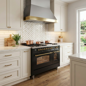 ILVE Nostalgie II 48" Induction Range with Element Stove and Electric Oven in Black with Brass Trim, UPI486NMPBKG