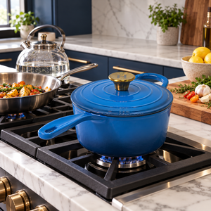 Induction Hardware Alpha Enamel Collection 8” Cast Iron Saucepan- Tahoe Blue