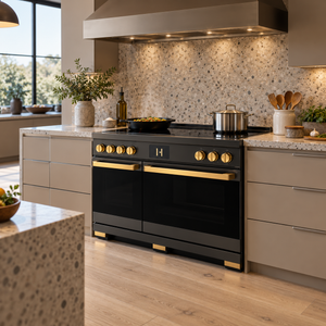 Induction Hardware Luxury Series Orion Edition 48-Inch 7.7 Cu. Ft. Double Oven Induction Range, Self-Cleaning, Black Stainless Steel with Gold Accents, S-IR48-BS-ORION
