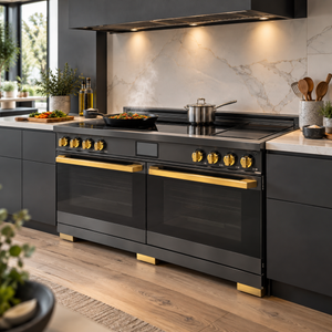 Induction Hardware Luxury Series Orion Edition 60-Inch 10.2 Cu. Ft. Double Oven Induction Range with Griddle, Self-Cleaning, Black Stainless Steel with Gold Accents, S-IR60-BS-ORION