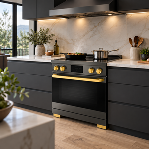 Induction Hardware Luxury Series Orion Edition 30-Inch 5.1 Cu. Ft. Induction Range, Self-Cleaning, Black Stainless Steel with Gold Accents, S-IR30-BS-ORION