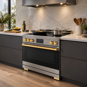 Induction Hardware Luxury Series Vega Edition 36-Inch 5.4 Cu. Ft. Induction Range, Self-Cleaning, Stainless Steel with Gold Accents, S-IR36-SS-VEGA